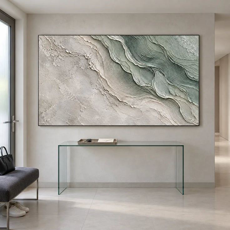 Sage and White Hand-Painted Oil Painting, Flowing Fine-Line Contours #HX2DO6GI
