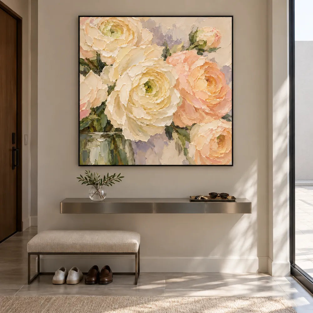 Cream Hand-Painted Oil Painting, Close-Up Peach and Ivory Flowers #22T3QUTE
