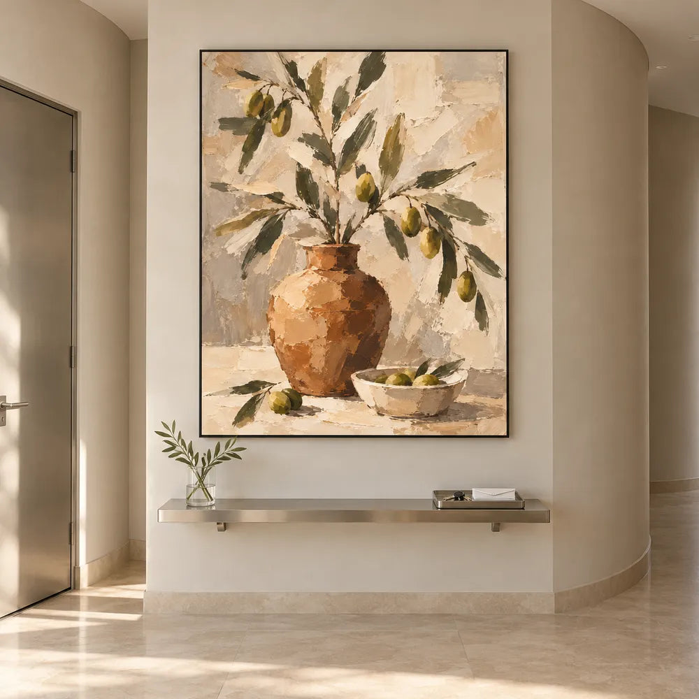 Earth-Tone Hand-Painted Oil Painting, Fruiting Branches in an Ochre Vase #U8CNUSTV