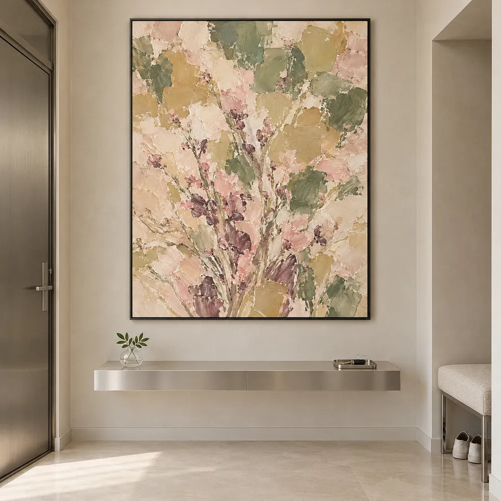 Sage and Blush Hand-Painted Oil Painting, Rising Floral Sprigs #FRM3RQIN