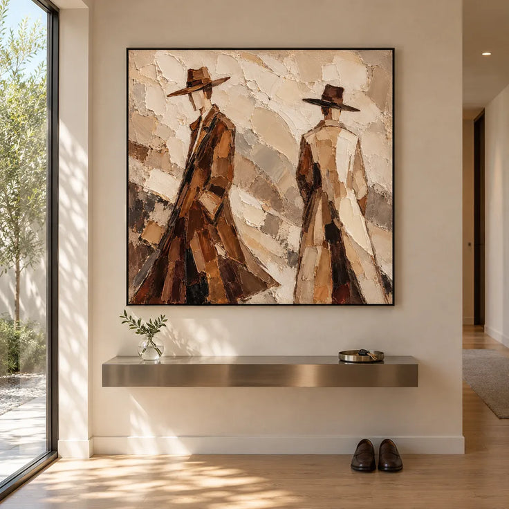 Earth-Tone Hand-Painted Oil Painting, Two Figures in Wide-Brim Hats #AROVDTOR