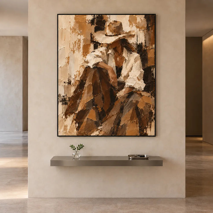 Brown and Cream Hand-Painted Oil Painting, Seated Cowgirl Portrait #E9CV57YO