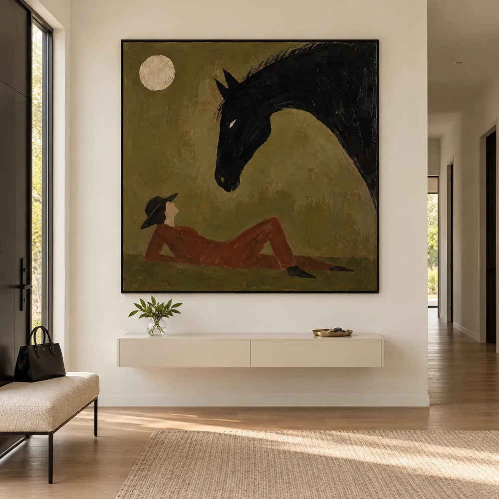 Olive Brown Hand-Painted Oil Painting, Black Horse and Reclining Figure #9MFNIU84