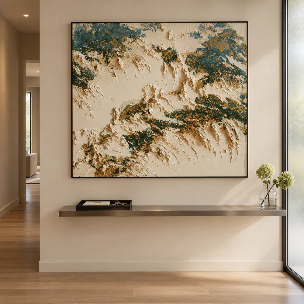 Cream and Deep Green Hand-Painted Oil Painting, Organic Abstract Forms #R1E3GSYK