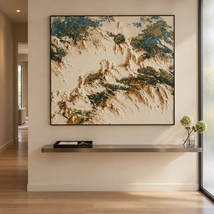 Cream and Deep Green Hand-Painted Oil Painting, Organic Abstract Forms #R1E3GSYK