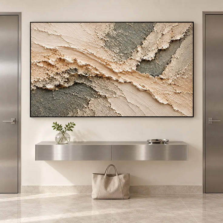 Cream and Sage Gray Hand-Painted 3D Textured Oil Painting, Diagonal Relief Bands #6ICH5UVP