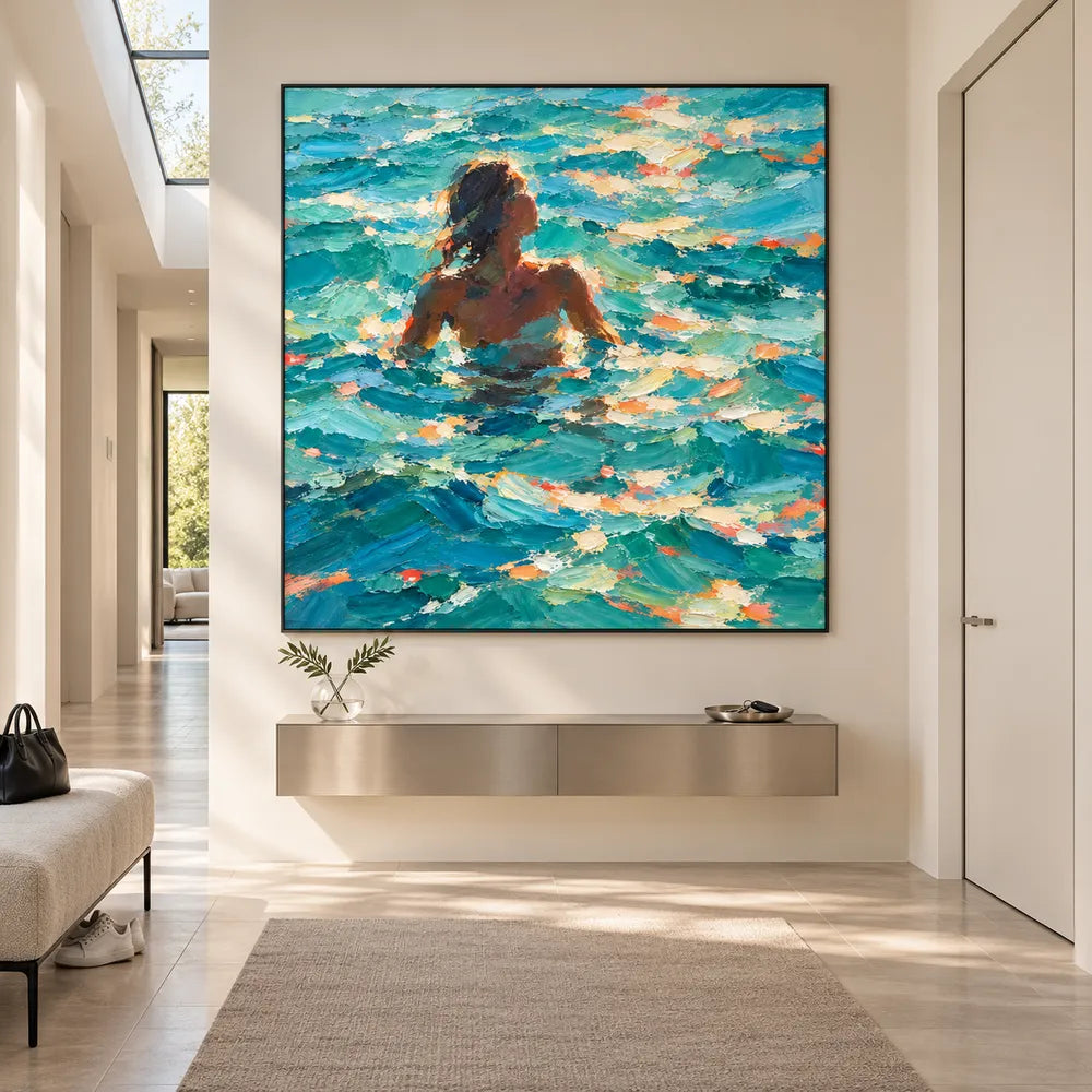 Blue Hand-Painted Oil Painting, Woman Among Sunlit Waves #ZO0LS4XT