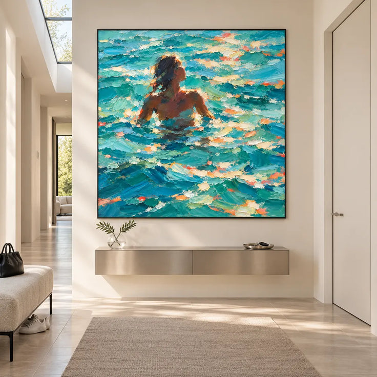 Blue Hand-Painted Oil Painting, Woman Among Sunlit Waves #ZO0LS4XT