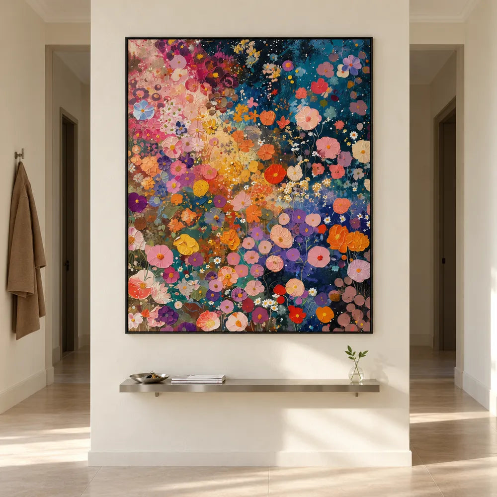 Deep Blue and Pink Hand-Painted Oil Painting, Colorful Flower Meadow #PG0DH31L