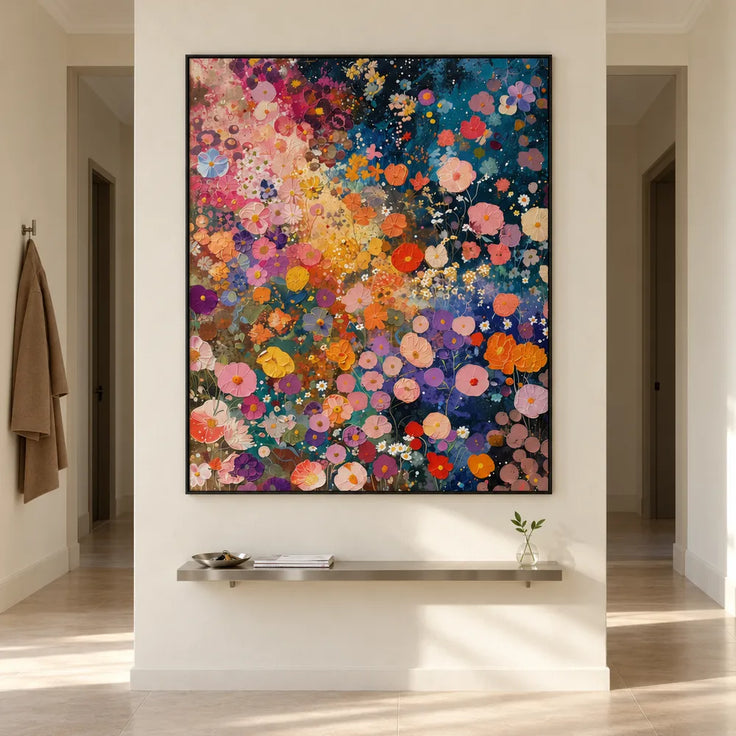 Deep Blue and Pink Hand-Painted Oil Painting, Colorful Flower Meadow #PG0DH31L