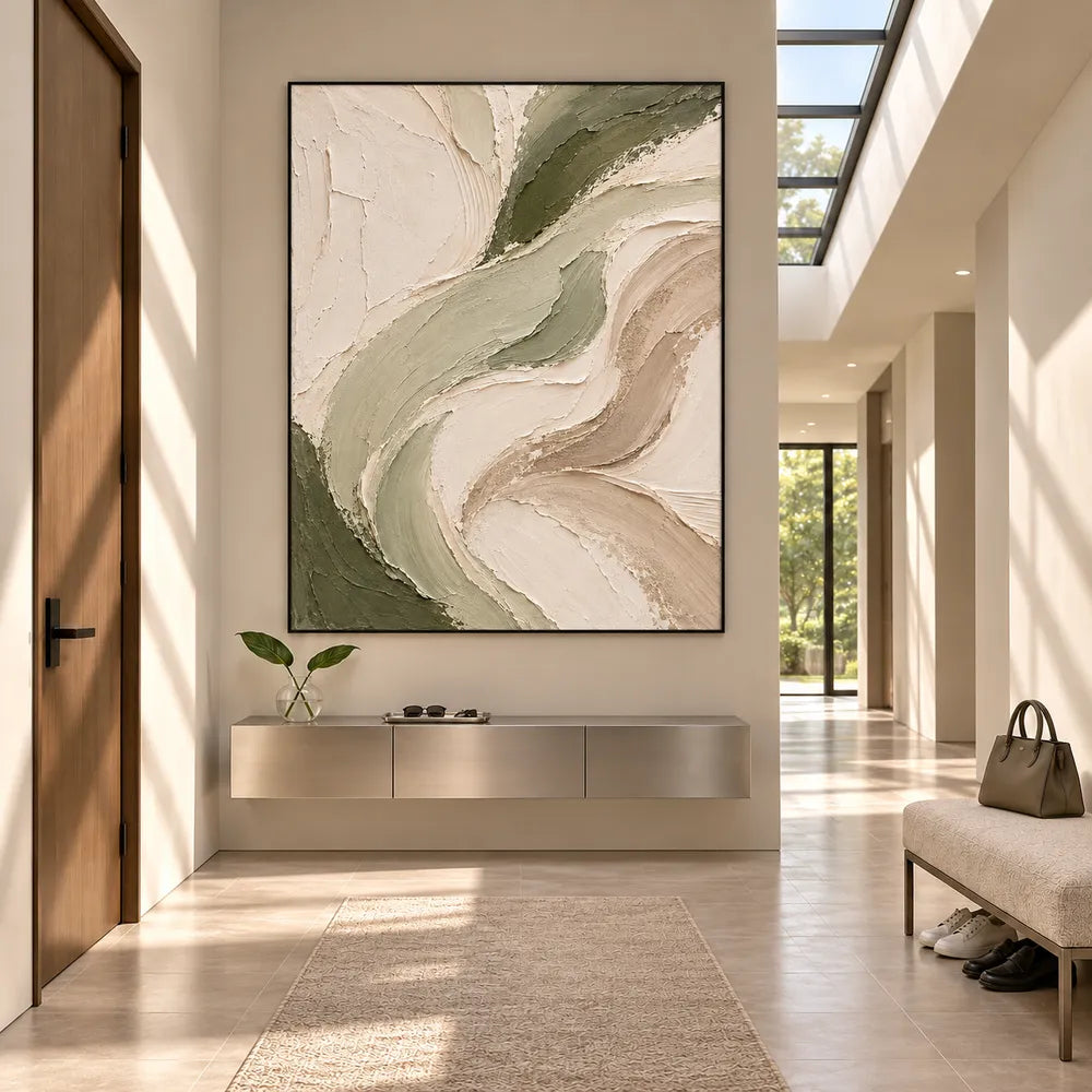 Cream and Sage Hand-Painted Oil Painting, Flowing Abstract Ribbons #4Y2HPFDD