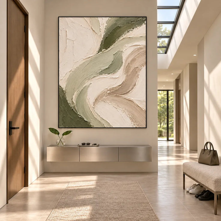 Cream and Sage Hand-Painted Oil Painting, Flowing Abstract Ribbons #4Y2HPFDD