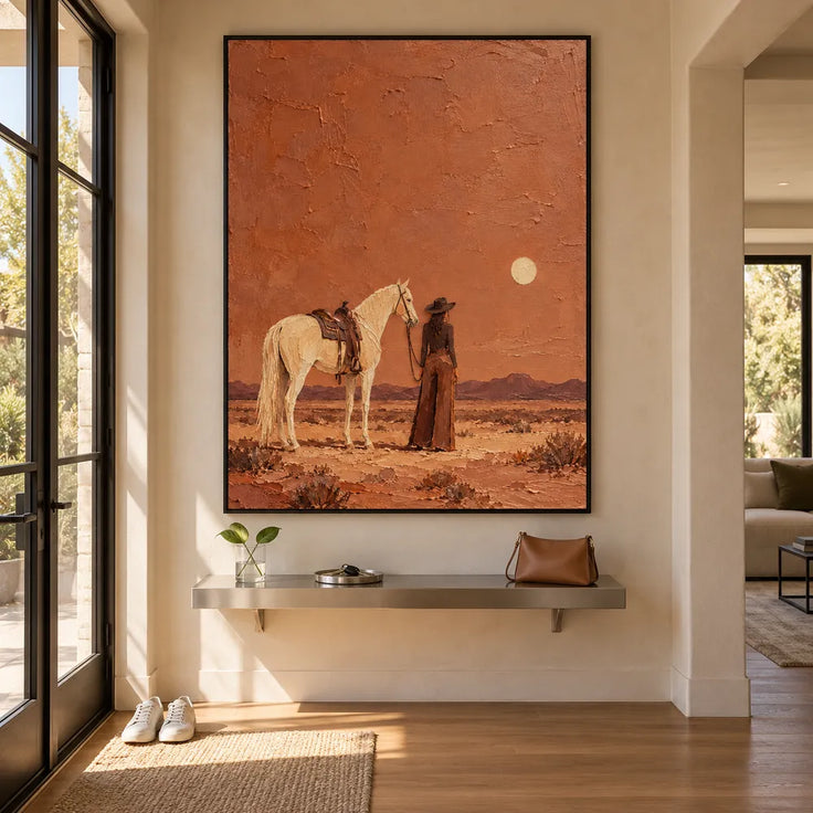 Rust Orange Hand-Painted Oil Painting, Cowgirl and White Horse in the Desert #209BR44A