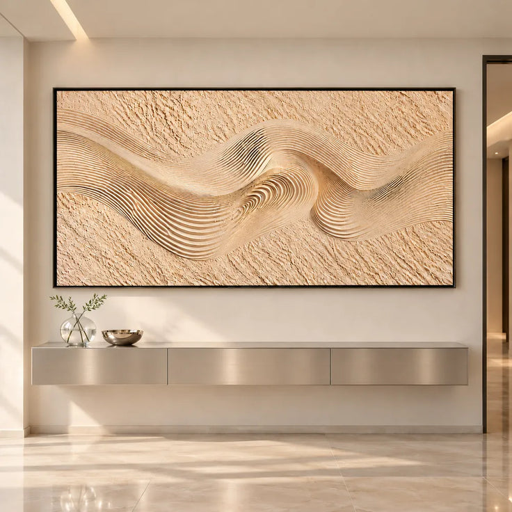 Sand Cream Hand-Painted 3D Textured Oil Painting, Ribbon Wave Wall Art #UOHF8DXB