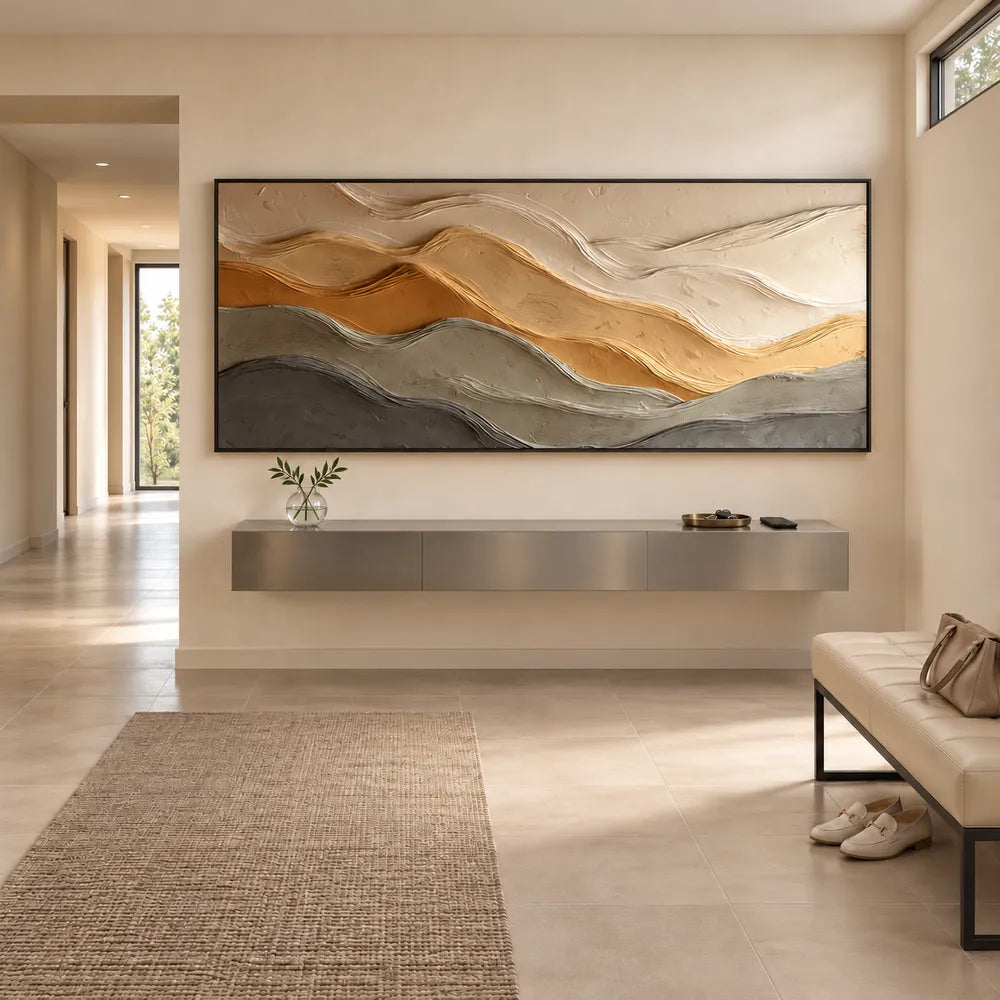 Sand & Taupe Hand-Painted 3D Textured Oil Painting, Layered Wave Abstract Wall Art #J66DZD8R