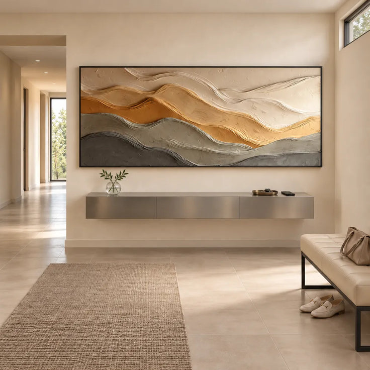 Sand & Taupe Hand-Painted 3D Textured Oil Painting, Layered Wave Abstract Wall Art #J66DZD8R