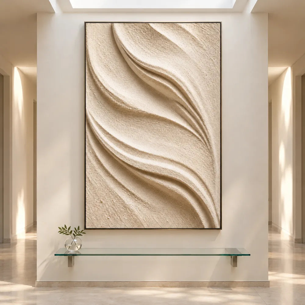 Ivory Hand-Painted 3D Textured Oil Painting, Sweeping Folds Wall Art #VZQ7TCW3