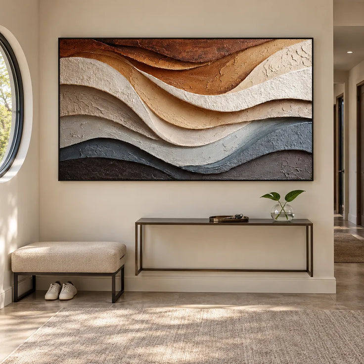 Earth-Tone Hand-Painted 3D Textured Oil Painting, Flowing Cream and Blue-Gray Strata #JP1L0E1K