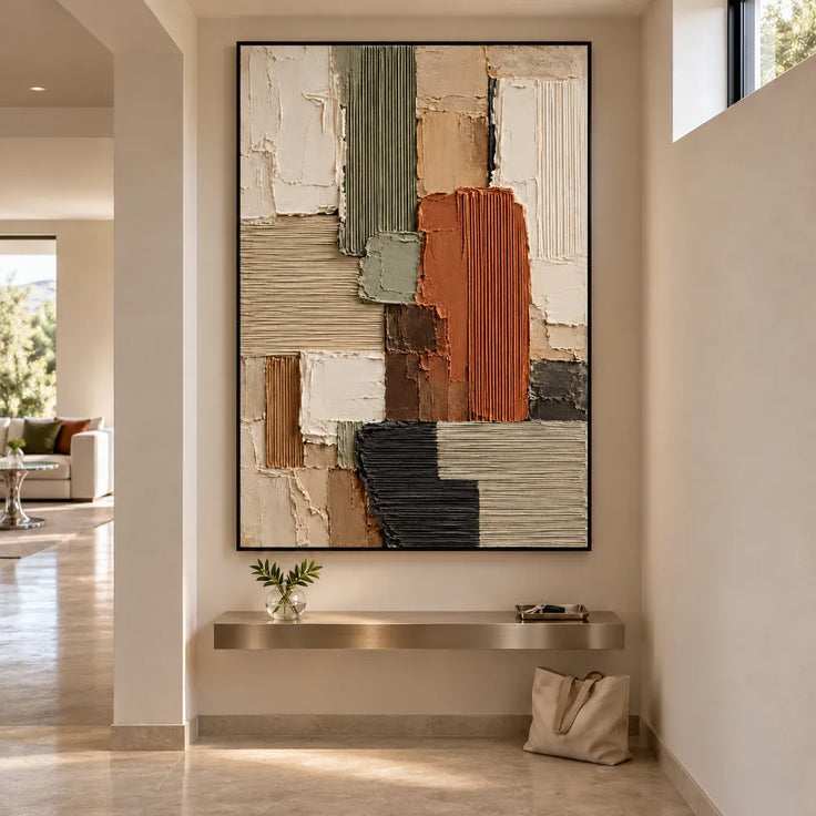 Earth Tone Hand-Painted 3D Textured Oil Painting, Ribbed Geometric Blocks #TDILGEWQ