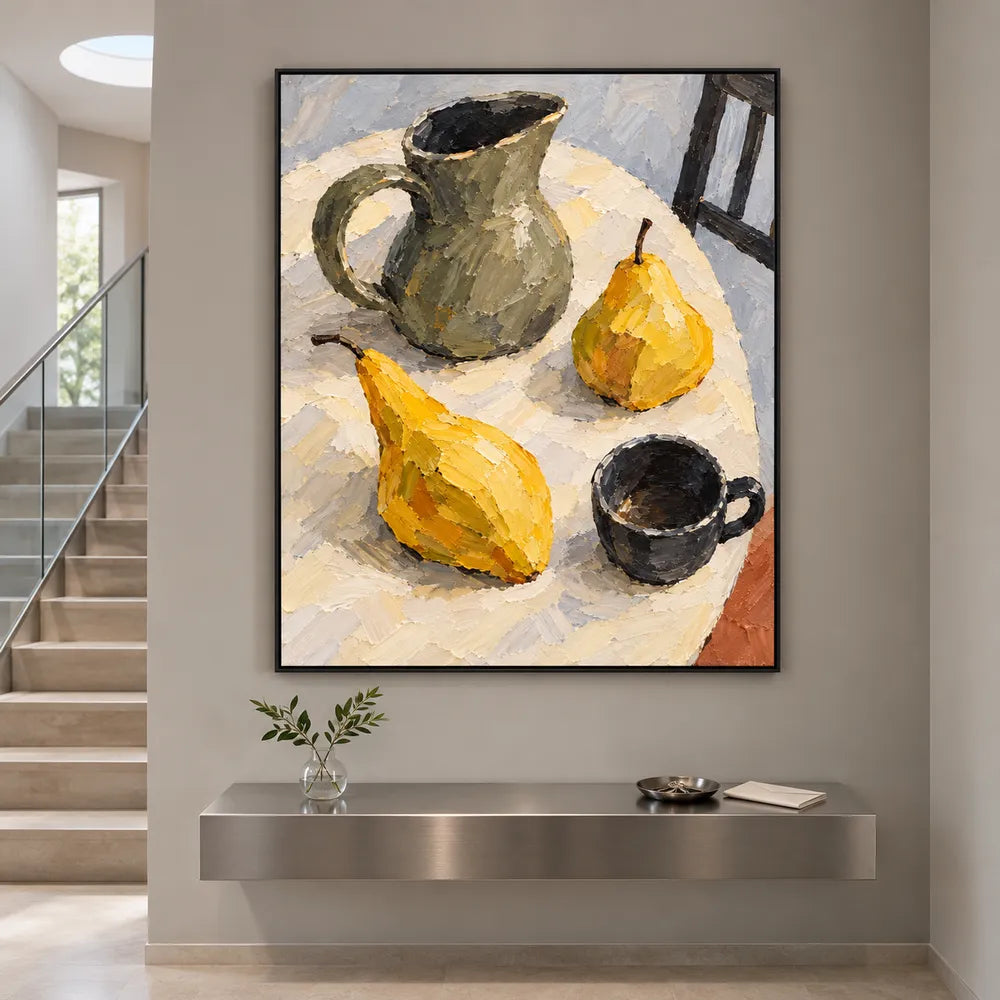 Yellow Hand-Painted Oil Painting, Two Pears with a Green Pitcher #O1ILENI2