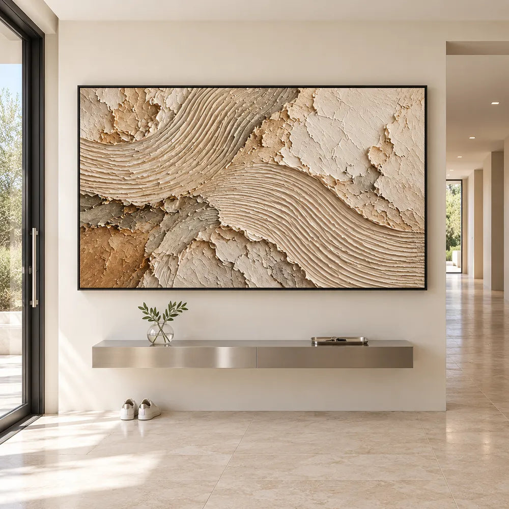 Cream and Taupe Hand-Painted 3D Textured Oil Painting, Flowing Ribbed Arcs #7BXB8EQJ