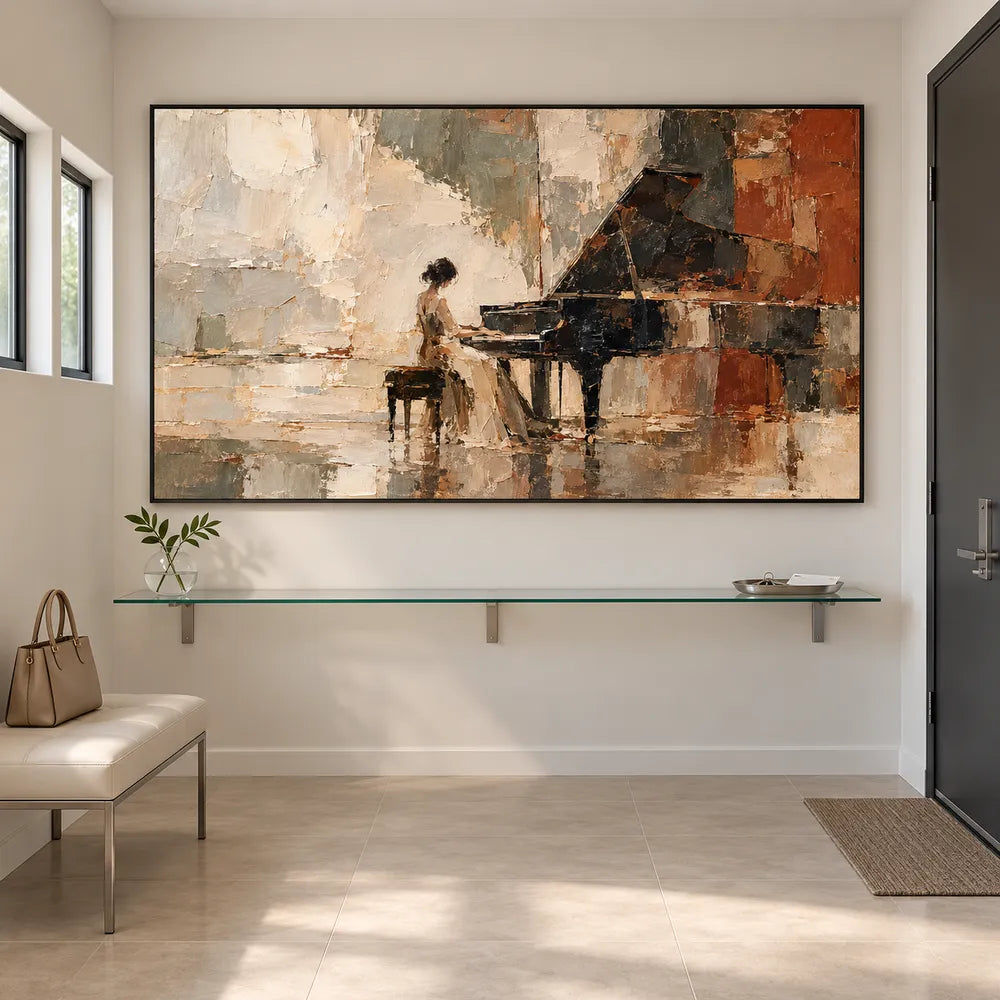 Earth-Tone Hand-Painted Oil Painting, Pianist at a Grand Piano #AQ4V2RU3