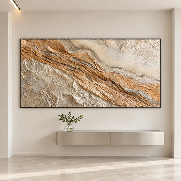 Cream Ochre Hand-Painted 3D Textured Oil Painting, Diagonal Ridge Wall Art #C36FRQTN