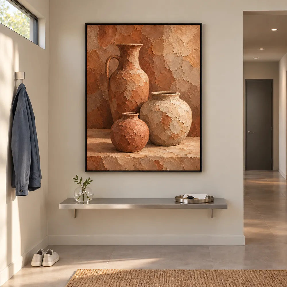 Terracotta Hand-Painted Oil Painting, Three Vessels on a Warm Ledge #ON3VRP1O