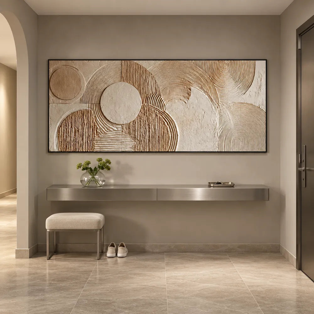 Beige Hand-Painted 3D Textured Oil Painting, Overlapping Circle Abstract #KM0VJQUO