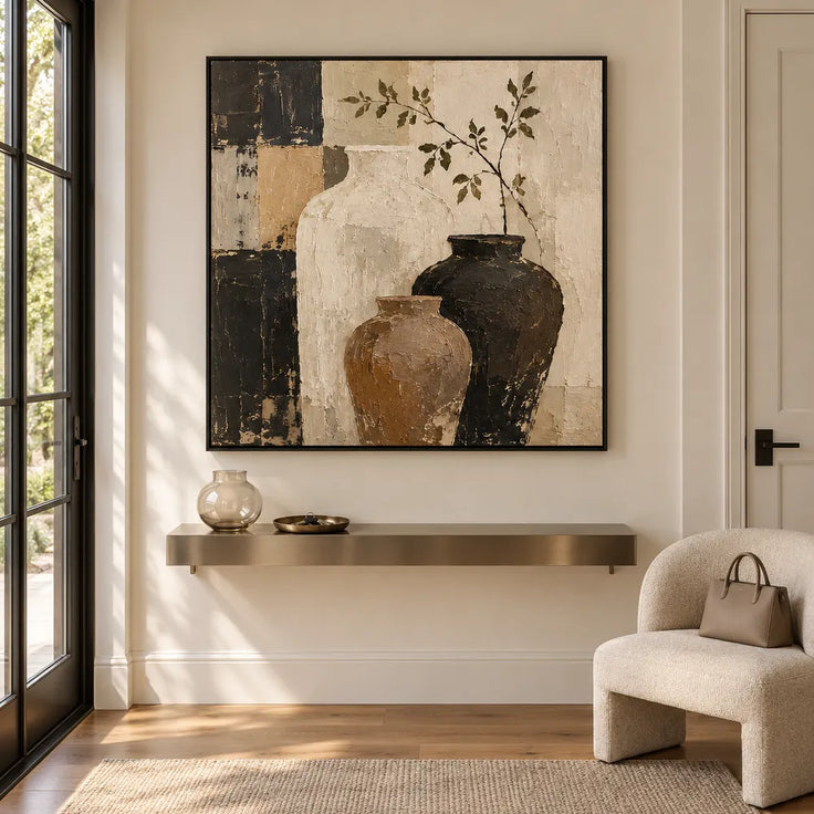 Beige and Brown Hand-Painted Oil Painting, Three Vessels and Leafy Branch #59QDYF0X
