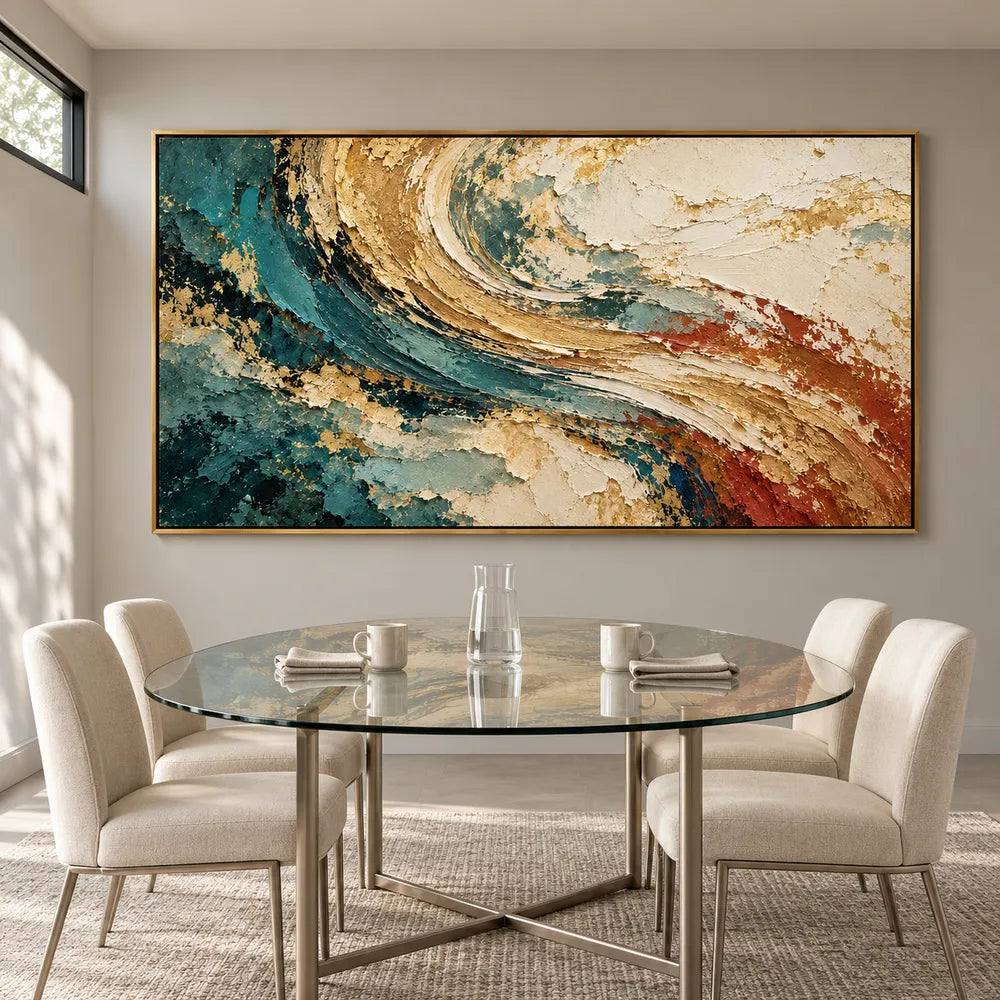 Teal and Ochre Hand-Painted Oil Painting, Sweeping Abstract Color Bands #VERH37SP