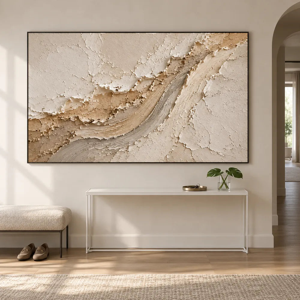 Cream Hand-Painted 3D Textured Oil Painting, Rising Sweep Abstract Wall Art #TYCH8KFY