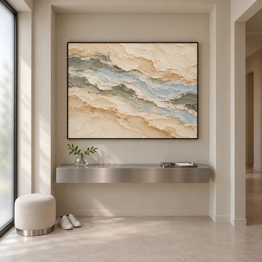 Beige Hand-Painted Oil Painting, Pale Layered Abstract with Blue Gray #3M9L7HZQ