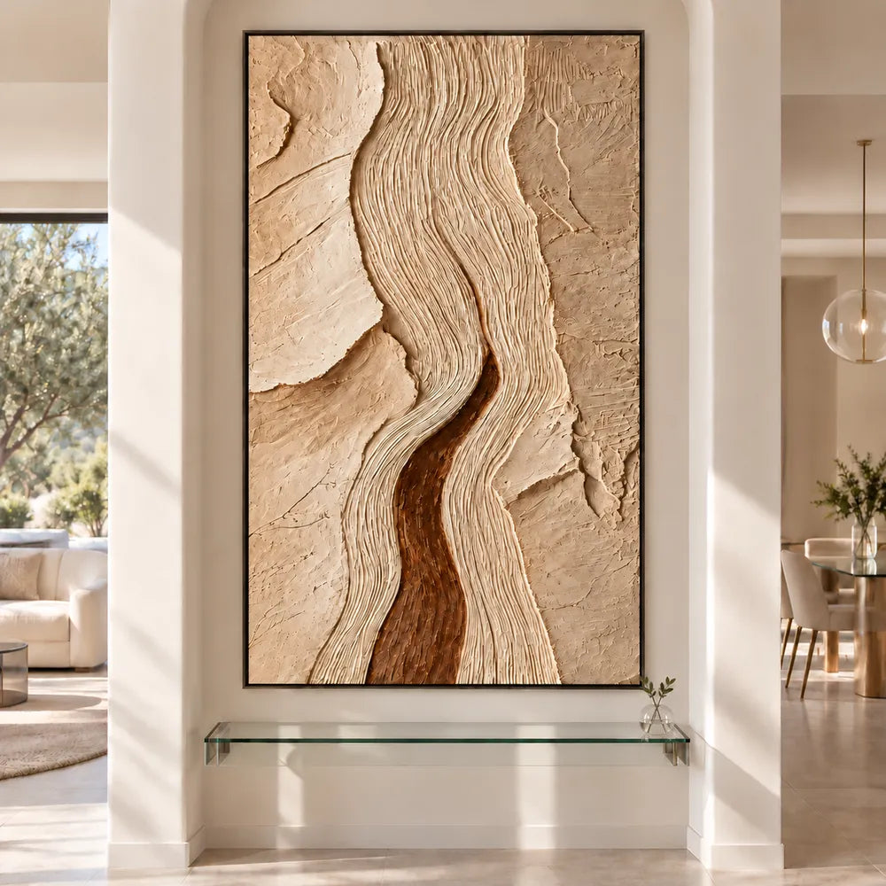 Cream Tan Hand-Painted 3D Textured Oil Painting, Winding Ridges Wall Art #4U0FQXUW