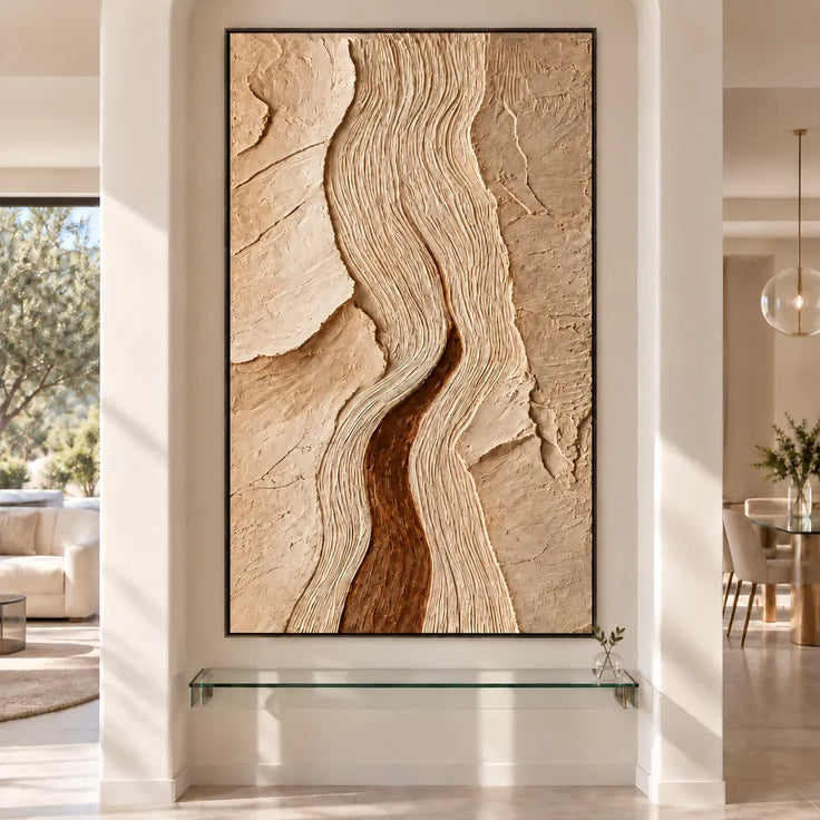 Cream Tan Hand-Painted 3D Textured Oil Painting, Winding Ridges Wall Art #4U0FQXUW