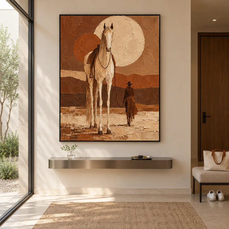 Earth-Tone Hand-Painted Oil Painting, Tall White Horse and Cowboy #SSW3XYPZ