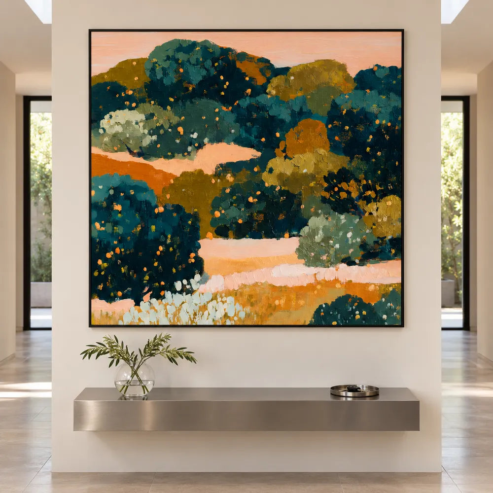 Deep Green and Ochre Hand-Painted Oil Painting, Abstract Garden Landscape #SBRV3BHR