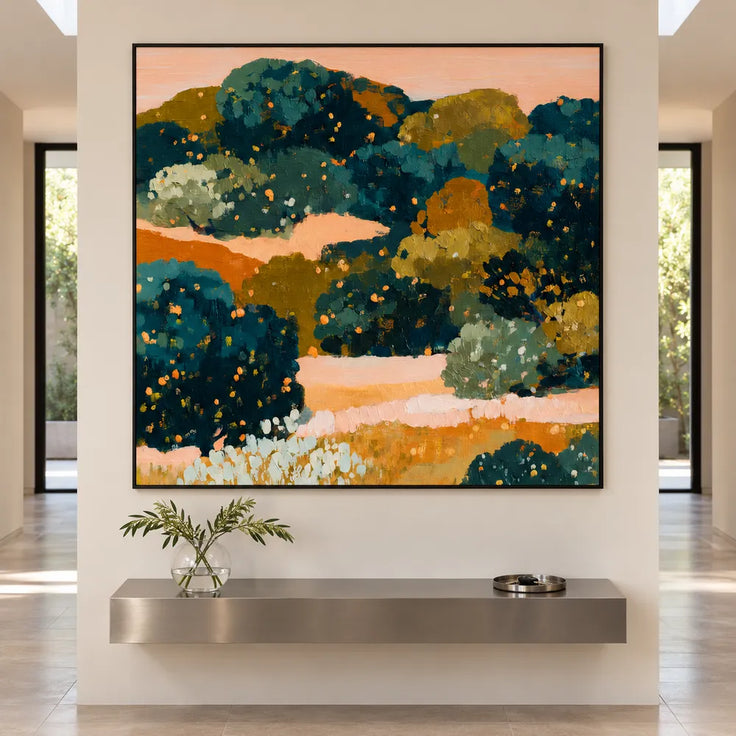Deep Green and Ochre Hand-Painted Oil Painting, Abstract Garden Landscape #SBRV3BHR
