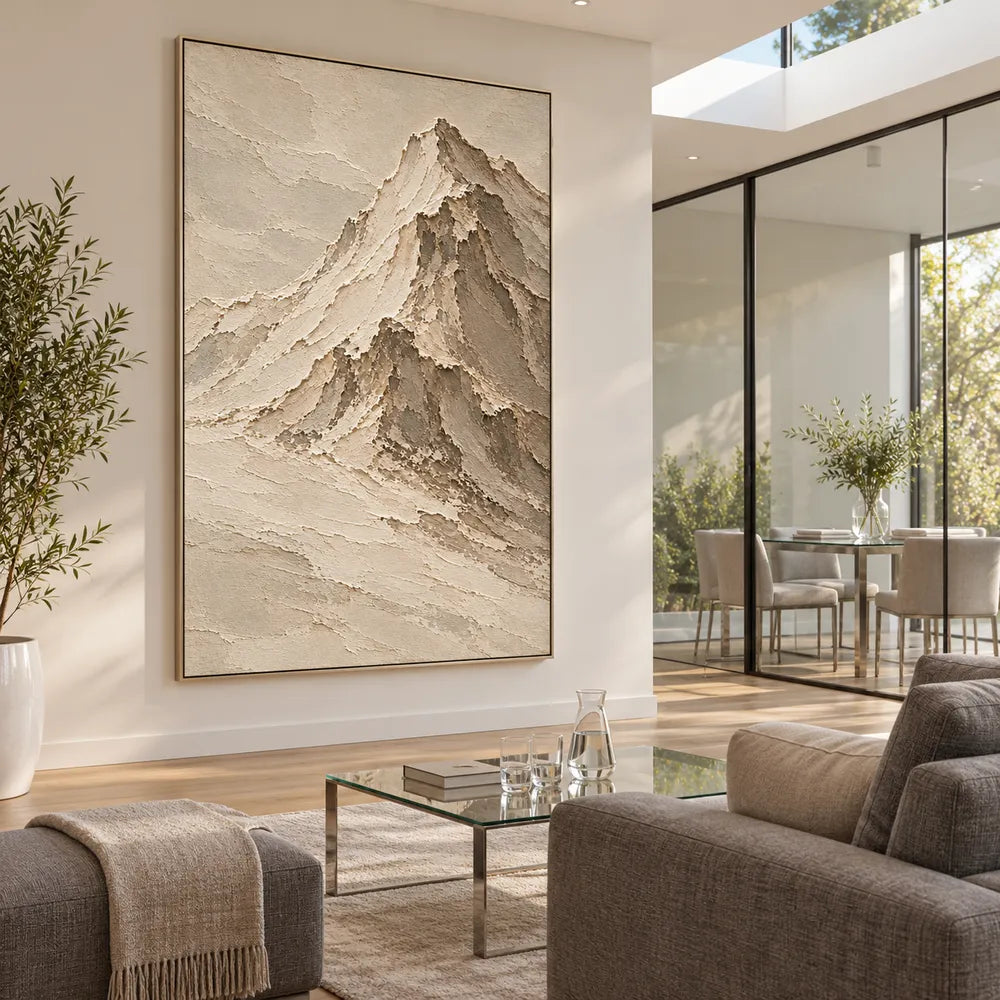 Beige Hand-Painted Mountain Painting, Asymmetric Cream Summit #LEVVY5F3