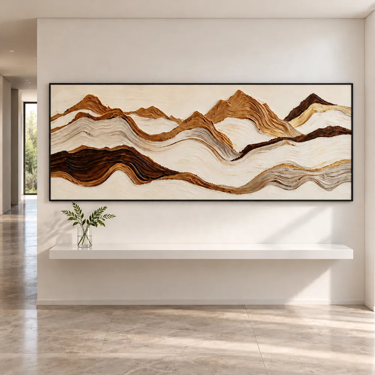 Cream & Brown Hand-Painted 3D Textured Oil Painting, Panoramic Mountain Landscape Wall Art #L7N7S073