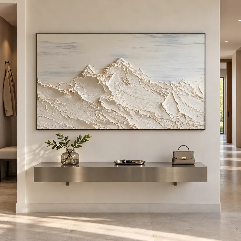Ivory Hand-Painted 3D Textured Oil Painting, Mountain Peaks Beneath a Soft Gray Sky #0MQBQEM1