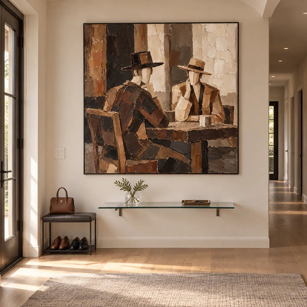 Brown Hand-Painted Oil Painting, Two Hat-Wearing Figures at a Table #0C7HVNB7
