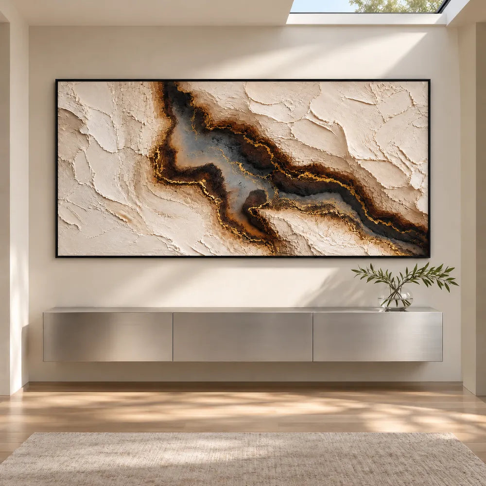 Cream Hand-Painted 3D Textured Oil Painting, Dark Mineral Vein Wall Art #4AKNUHGG