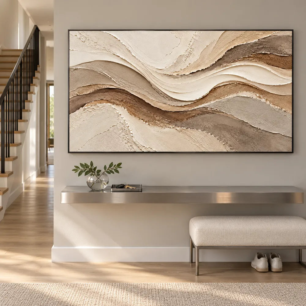 Beige Hand-Painted 3D Textured Oil Painting, Flowing Layered Bands Abstract Wall Art #91IV6MQ0