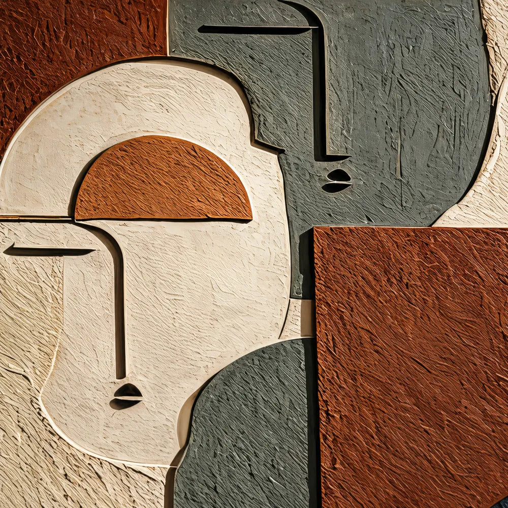 Earth-Tone Hand-Painted 3D Textured Oil Painting, Two Geometric Faces #CIED8WA9