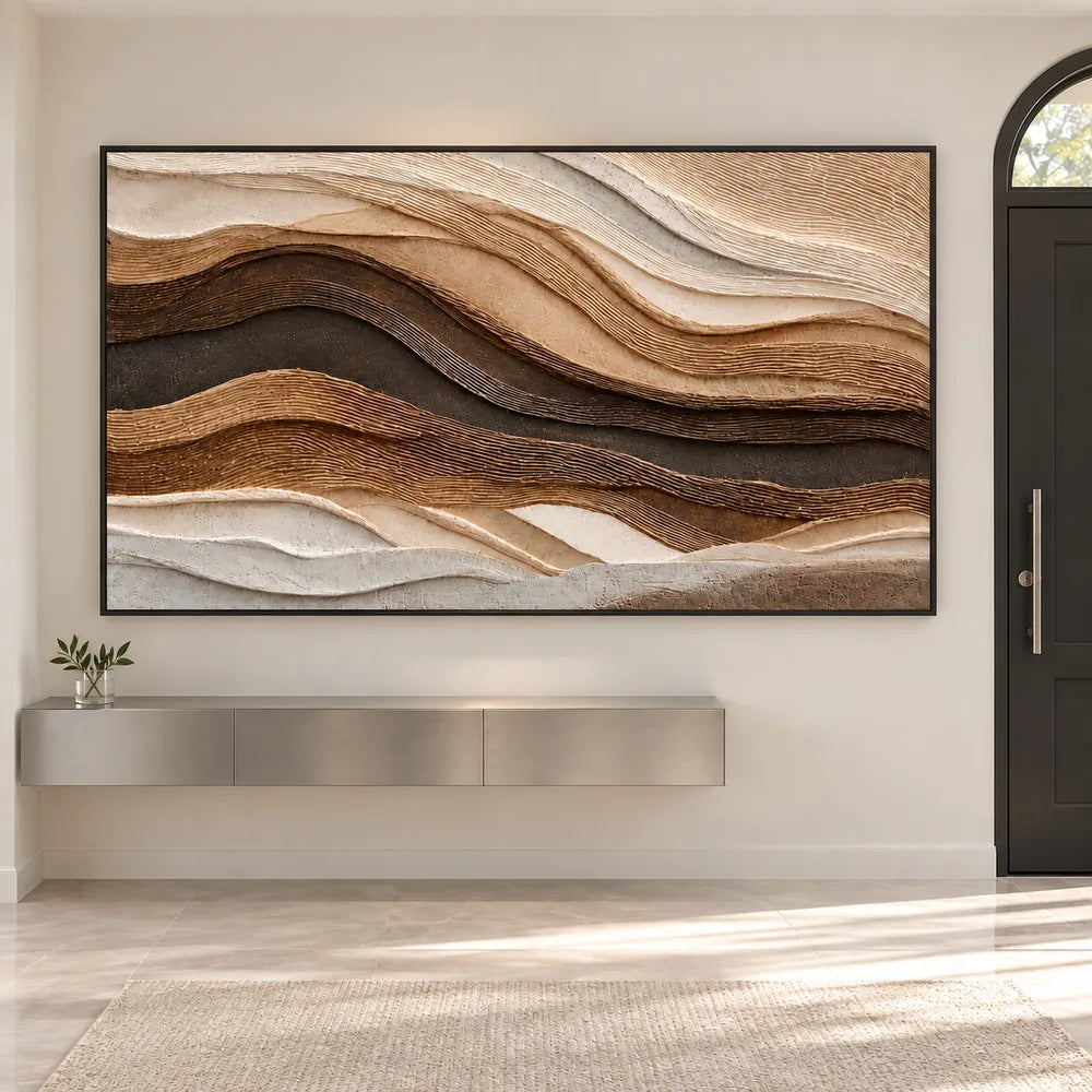 Brown Cream Hand-Painted 3D Textured Oil Painting, Rolling Strata Wall Art #WMVP53K9
