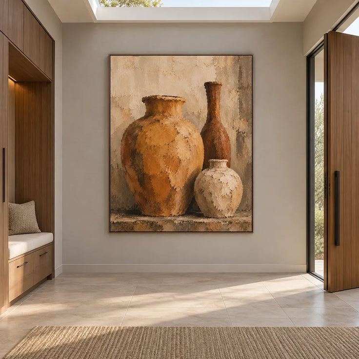 Ochre & Cream Hand-Painted Oil Painting, Three-Vessel Still Life Wall Art #198HZFBY