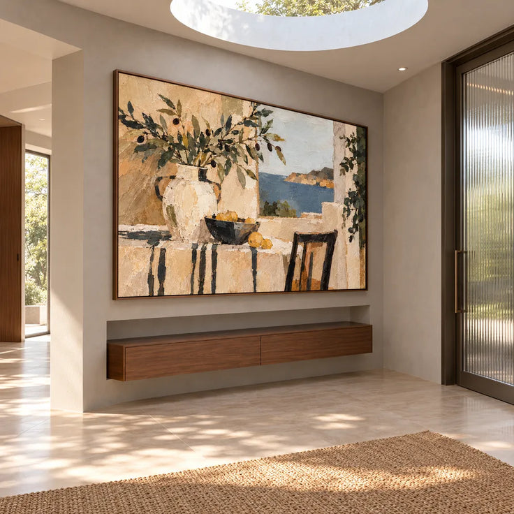 Beige & Cream Hand-Painted Oil Painting, Coastal Window Still Life #C29D94CL