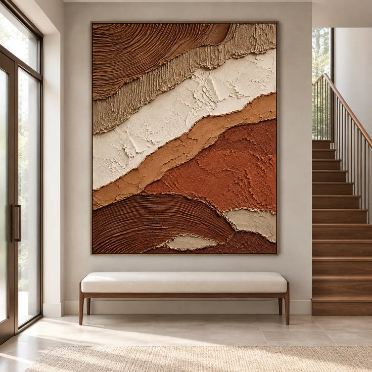 Brown & Ivory Hand-Painted 3D Textured Oil Painting, Diagonal Earth-Tone Abstract Wall Art #S6B3TVFK