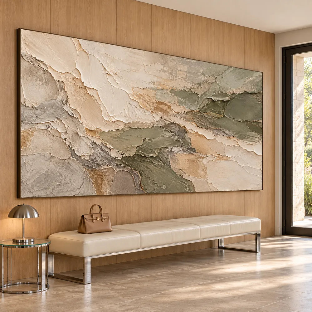 Cream and Olive Hand-Painted 3D Textured Oil Painting, Interlocking Abstract Layers #5NBBMJRS